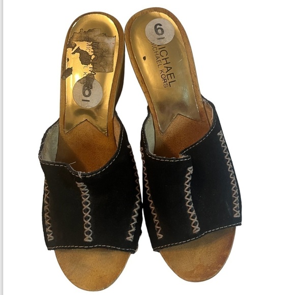 Michael Michael Kors mules wood heels black suede white braid details gold studs - Picture 2 of 9